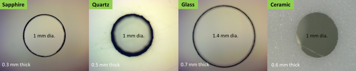 Optical microscopy images of millimeter diameter holes drilled by ultrashort pulse lasers on sapphire